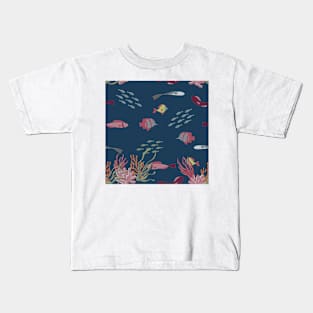Fish, Coral, and Seaweed on Navy Condensed Kids T-Shirt